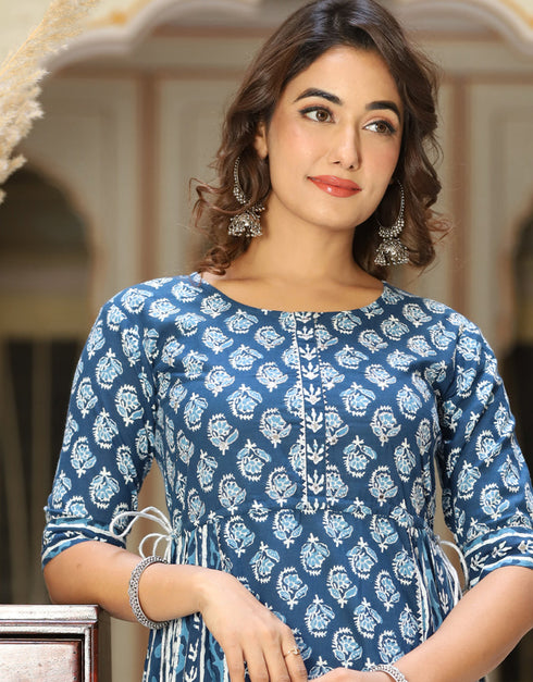 blue cotton designer classy wear readymade gown collection embroidery mirror work details for gown rt8829-184373 Side View