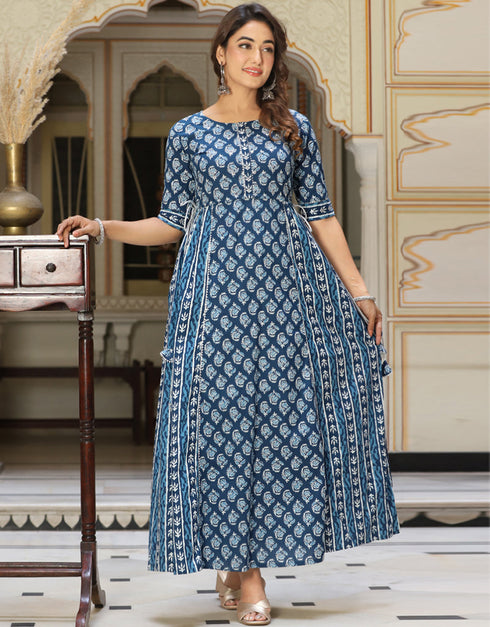 blue cotton designer classy wear readymade gown collection embroidery mirror work details for gown rt8829-184373 Front View