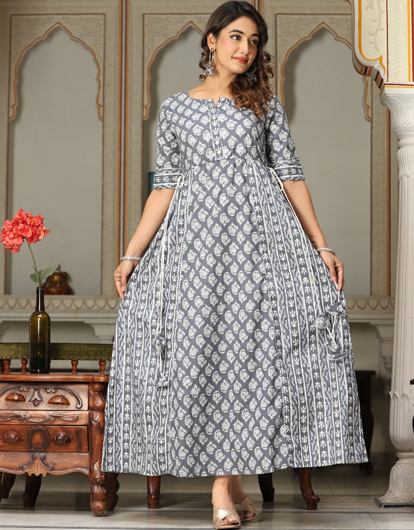 grey cotton designer classy wear readymade gown collection embroidery mirror work details for gown rt8829-184374 Front View