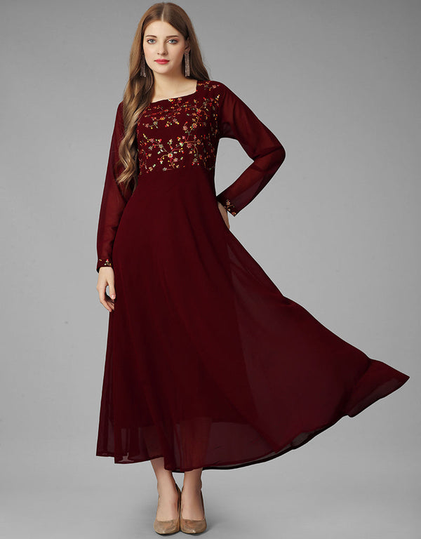 maroon georgette embroidered readymade gown collection embroidery work details for gown rt8840-184435 Front View