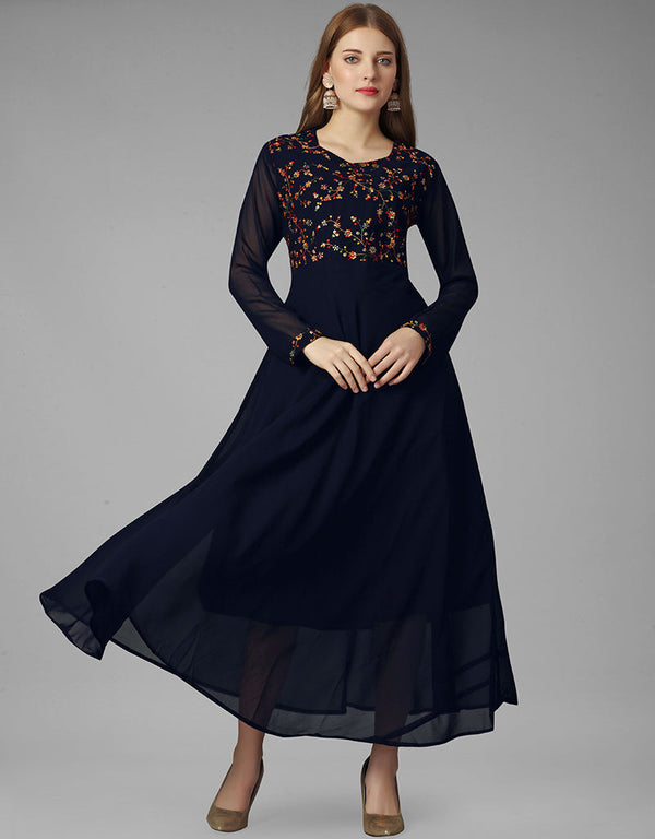 navy blue georgette embroidered readymade gown collection embroidery work details for gown rt8840-184437 Front View