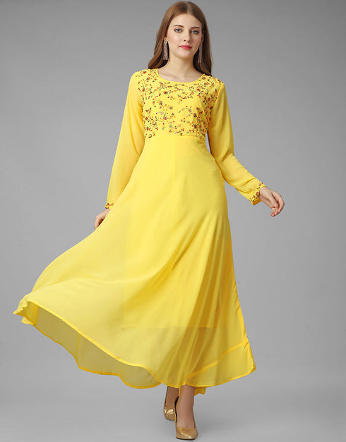 yellow georgette embroidered readymade gown collection embroidery work details for gown rt8840-184438 Close-up View