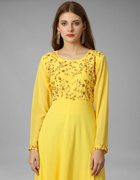 yellow georgette embroidered readymade gown collection embroidery work details for gown rt8840-184438 Side View