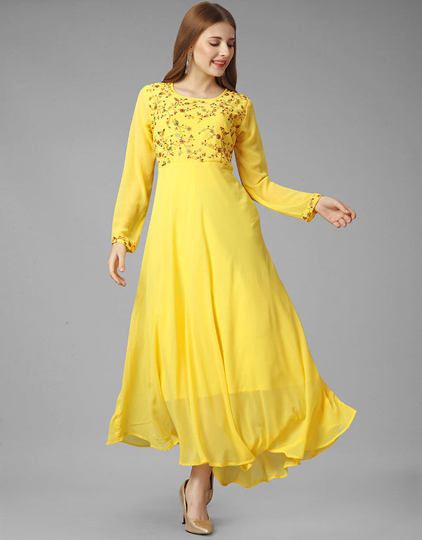 yellow georgette embroidered readymade gown collection embroidery work details for gown rt8840-184438 Front View