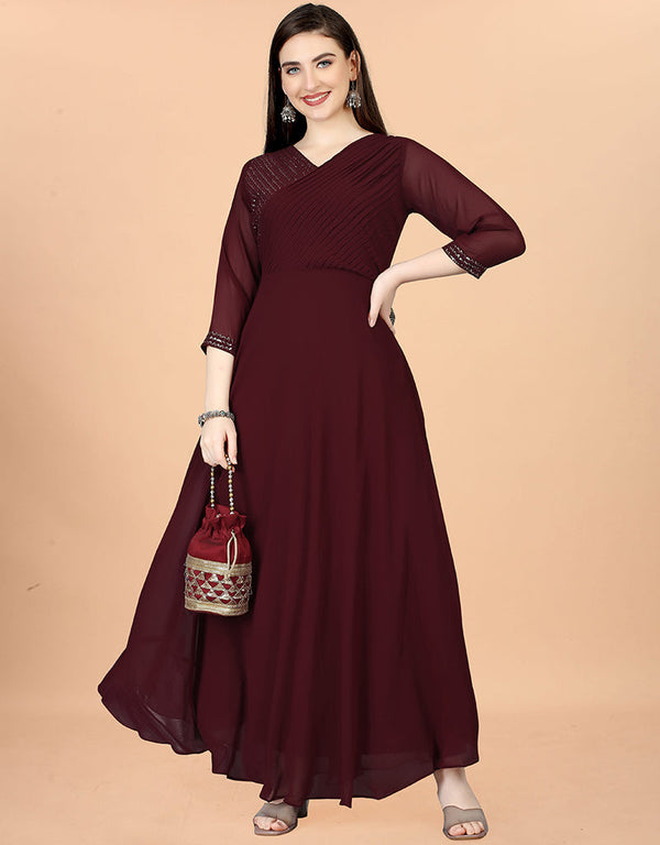 maroon georgette embroidered readymade gown collection embroidery work details for gown rt8841-184440 Front View
