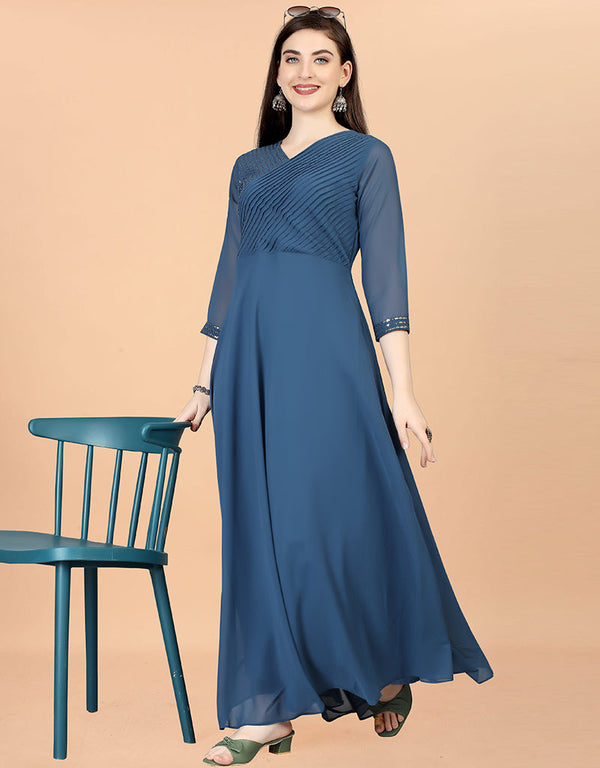 teal georgette embroidered readymade gown collection embroidery work details for gown rt8841-184441 Front View