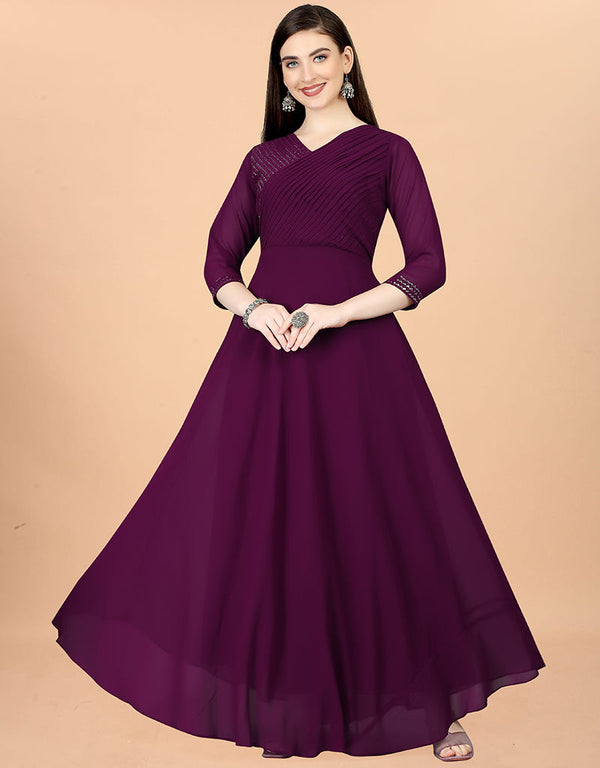 wine georgette embroidered readymade gown collection embroidery work details for gown rt8841-184442 Front View