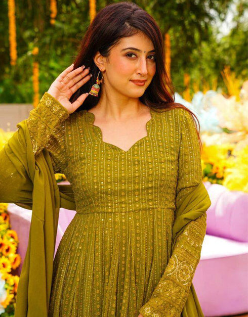 glamorous mehendi heavy faux georgette trendy designer heavy readymade anarkali suit collection with mehendi heavy micro cotton rt8843-184446 Back View
