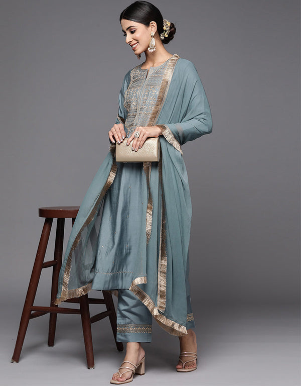 contemporary gray viscose chanderi trendy designer heavy viscose readymade suit collection with gray viscose chanderi rt8845-184448 Front View