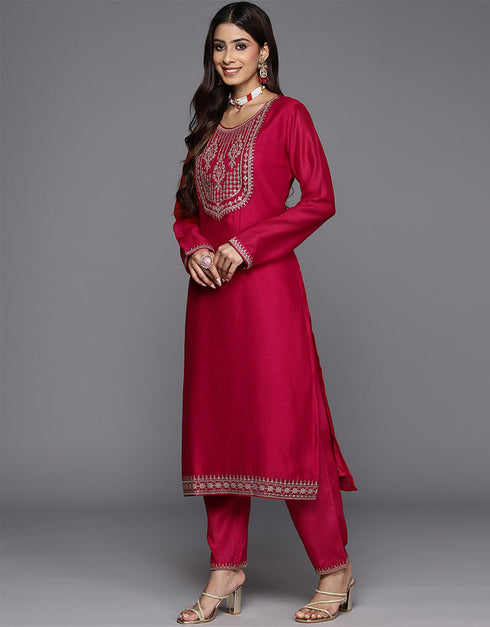 chic pink vichitra trendy designer heavy viscose readymade suit collection with pink vichitra rt8845-184451 Back View