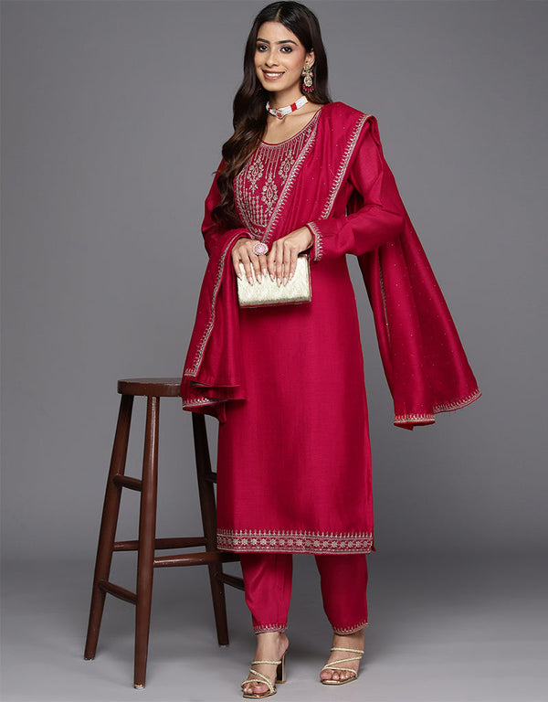 chic pink vichitra trendy designer heavy viscose readymade suit collection with pink vichitra rt8845-184451 Front View