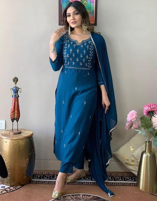 sleek teal rayon slub trendy designer heavy viscose readymade suit collection with teal rayon slub rt8846-184455 Front View