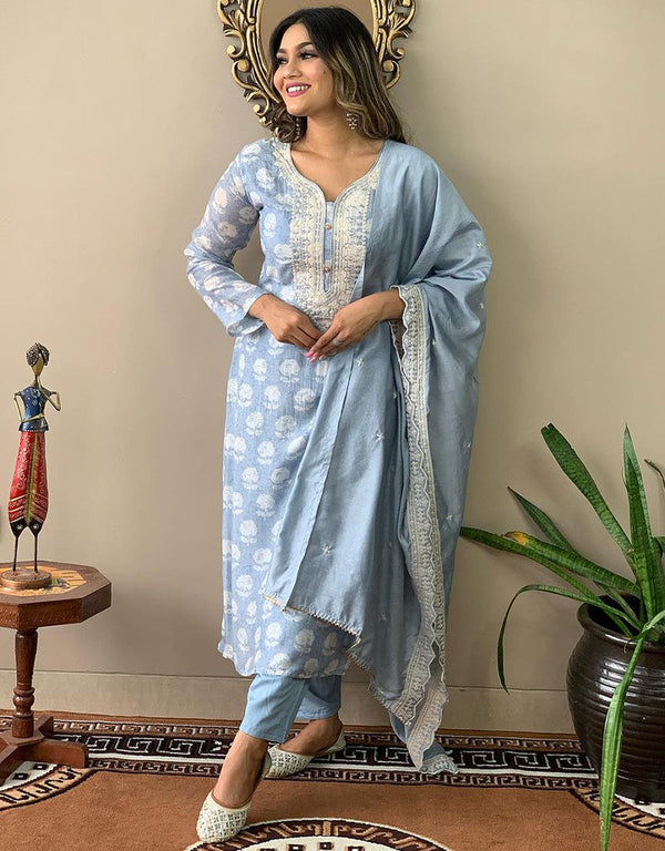modern sky blue viscose maslin trendy designer heavy viscose readymade suit collection with sky blue viscose rayon rt8846-184456 Front View