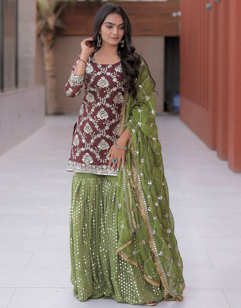 contemporary wine heavy faux georgette traditional function wear heavy faux georgette readymade sharara suit collection with mehndi heavy faux georgette rt8847-184457 Close-up View