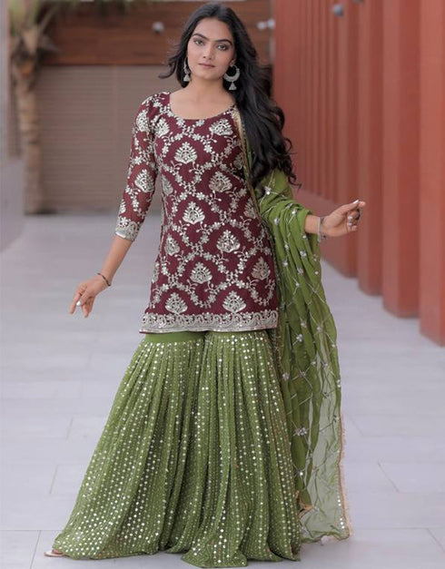 contemporary wine heavy faux georgette traditional function wear heavy faux georgette readymade sharara suit collection with mehndi heavy faux georgette rt8847-184457 Front View