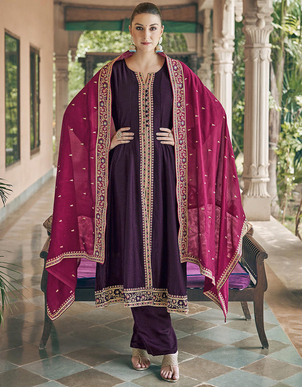 chic purple real premium silk designer party wear heavy salwar suit collection with purple real premium silk rt8849-184464 Front View
