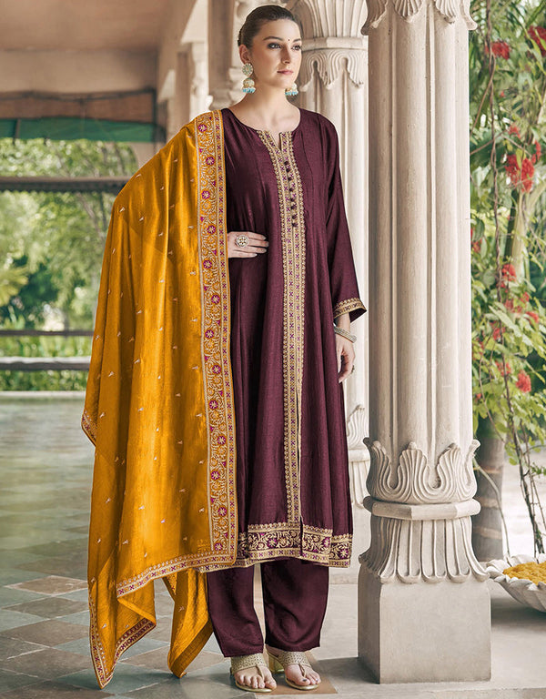 trendy coffee real premium silk designer party wear heavy salwar suit collection with coffee real premium silk rt8849-184465 Front View