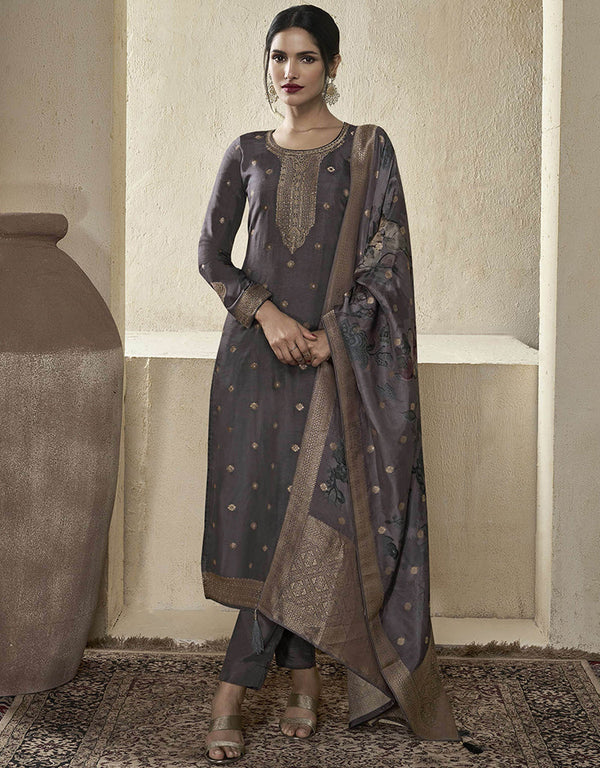 elegant coffee viscose dola jacquard designer party wear heavy salwar suit collection with coffee santoon rt8850-184466 Front View