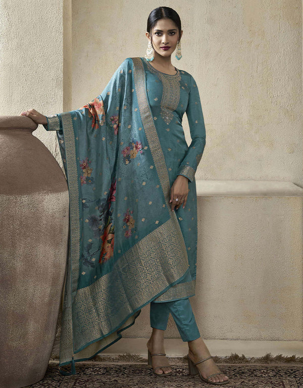 fashionable sky blue viscose dola jacquard designer party wear heavy salwar suit collection with sky blue santoon rt8850-184467 Front View