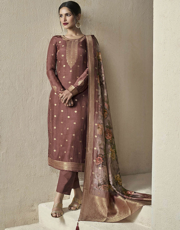 sleek brown viscose dola jacquard designer party wear heavy salwar suit collection with brown santoon rt8850-184468 Front View