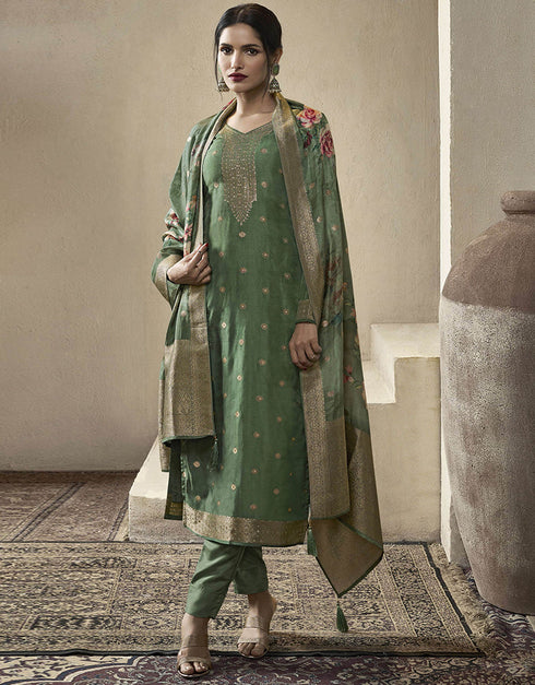 modern green viscose dola jacquard designer party wear heavy salwar suit collection with green santoon rt8850-184469 Front View