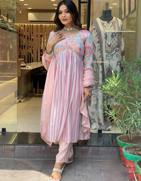 chic multi viscose maslin trendy designer heavy readymade suit collection with peach viscose rayon rt8854-184482 Front View