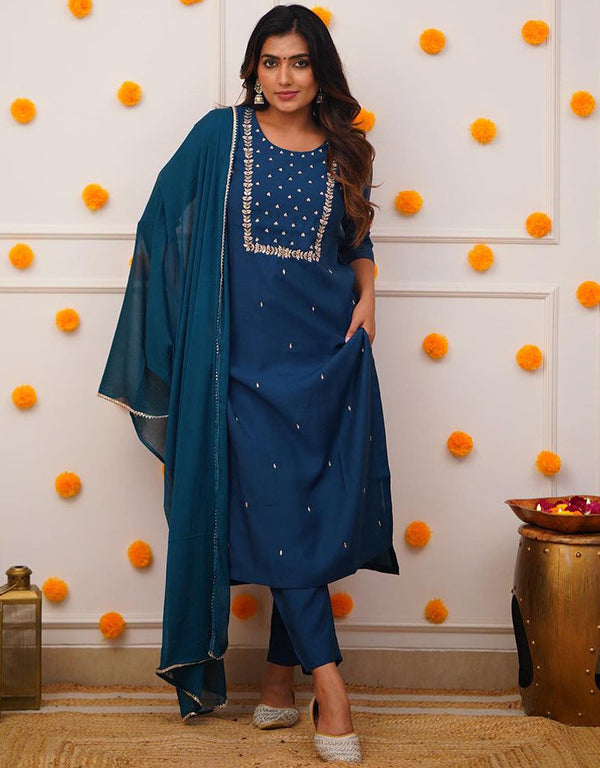 fashionable teal rayon slub trendy designer heavy rayon slub readymade suit collection with teal rayon slub rt8855-184485 Front View