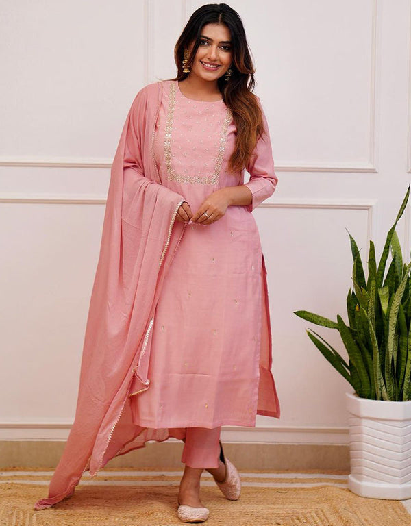 sleek peach rayon slub trendy designer heavy rayon slub readymade suit collection with peach rayon slub rt8855-184486 Front View