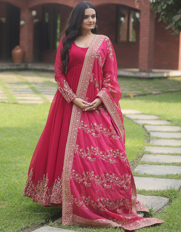 faux blooming designer function wear heavy gown with dupatta collection gown with multi-sequins embroidery work and pink dupatta rt8881-184626 Front View