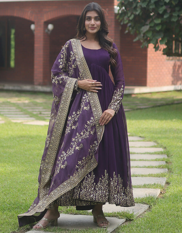 faux blooming designer function wear heavy gown with dupatta collection gown with multi-sequins embroidery work and wine dupatta rt8881-184627 Front View