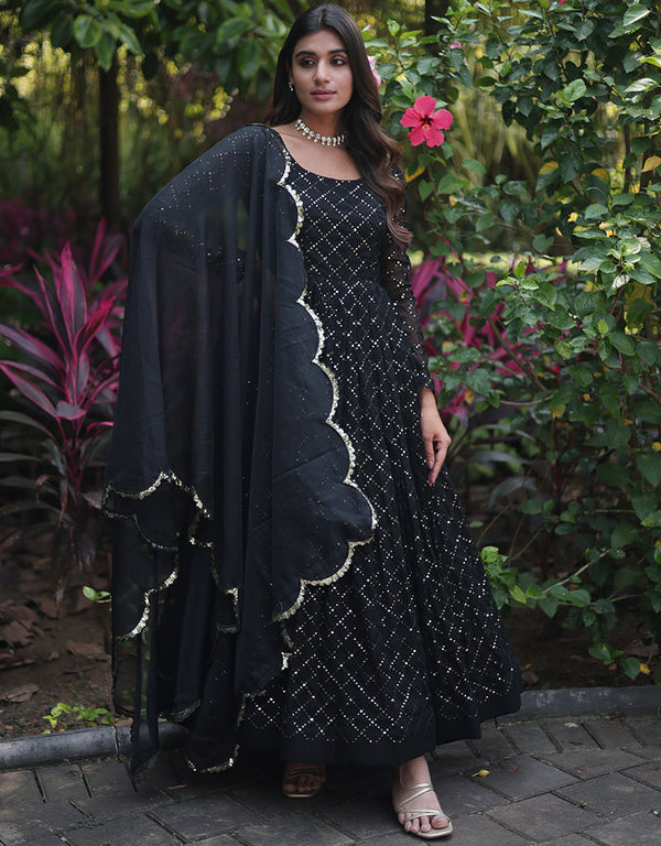 faux georgette designer function wear heavy gown with dupatta collection gown with chex designed sequins-multi & thread embroidered work and black dupatta rt8882-184628 Front View