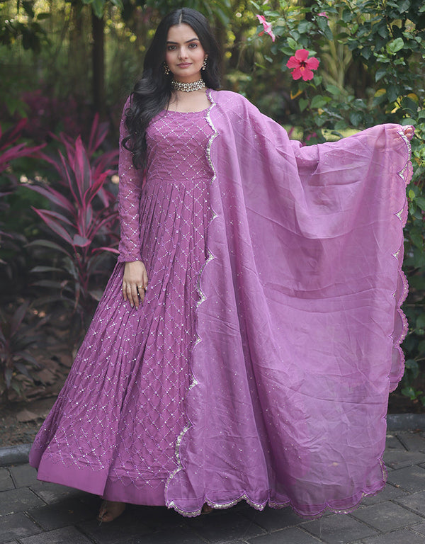 faux georgette designer function wear heavy gown with dupatta collection gown with chex designed sequins-multi & thread embroidered work and onion dupatta rt8882-184629 Front View