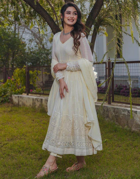contemporary cream faux georgette designer party wear heavy readymade anarakali suit with cream micro crepe rt8883-184630 Close-up View
