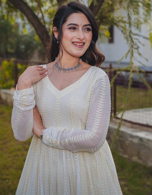 contemporary cream faux georgette designer party wear heavy readymade anarakali suit with cream micro crepe rt8883-184630 Side View