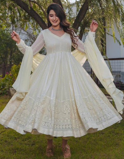 contemporary cream faux georgette designer party wear heavy readymade anarakali suit with cream micro crepe rt8883-184630 Front View