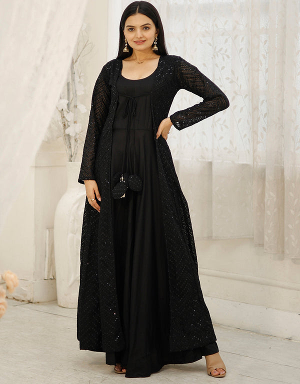 rayon gown with gorgette crochet embroidery shrug with fancy latkan gown with embroidery work and black dupatta rt8886-184654 Front View