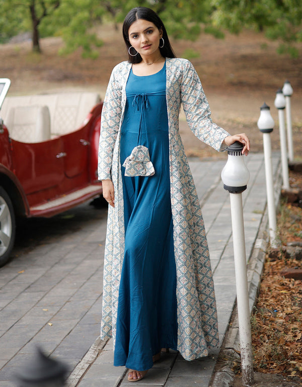rayon gown with gorgette crochet embroidery shrug with fancy latkan gown with embroidery work and multi dupatta rt8886-184655 Front View