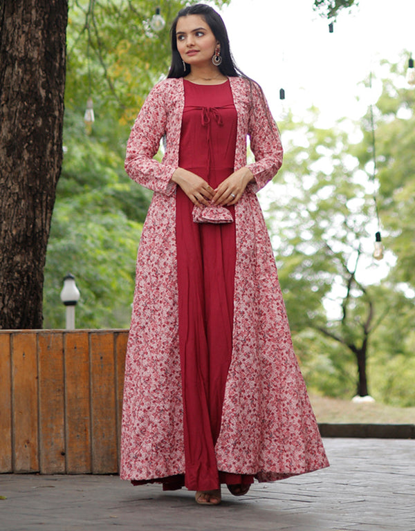 rayon gown with gorgette crochet embroidery shrug with fancy latkan gown with embroidery work and multi dupatta rt8886-184656 Front View