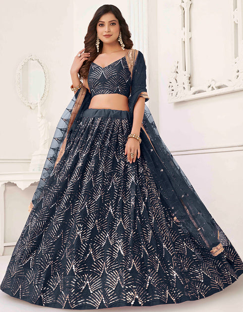 modern navy blue butterfly net traditional wear women's heavy lehenga choli collection with navy blue butterfly net rt8887-184658 Close-up View