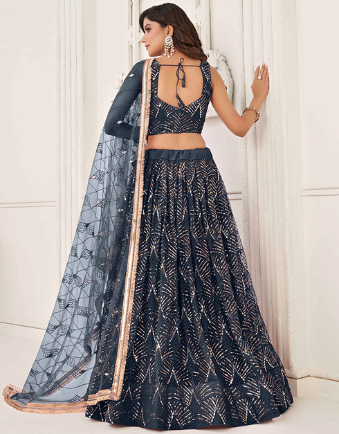 modern navy blue butterfly net traditional wear women's heavy lehenga choli collection with navy blue butterfly net rt8887-184658 Back View
