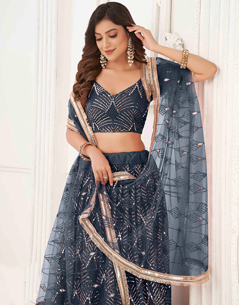 modern navy blue butterfly net traditional wear women's heavy lehenga choli collection with navy blue butterfly net rt8887-184658 Front View