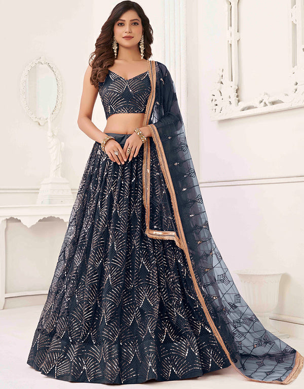 modern navy blue butterfly net traditional wear women's heavy lehenga choli collection with navy blue butterfly net rt8887-184658 Front View