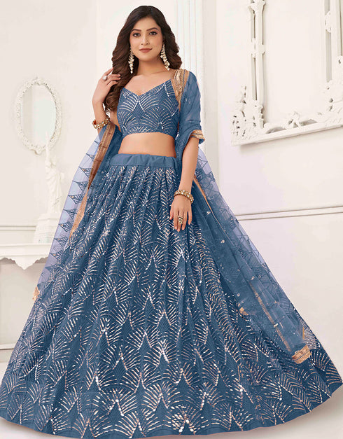 glamorous blue butterfly net traditional wear women's heavy lehenga choli collection with blue butterfly net rt8887-184660 Close-up View