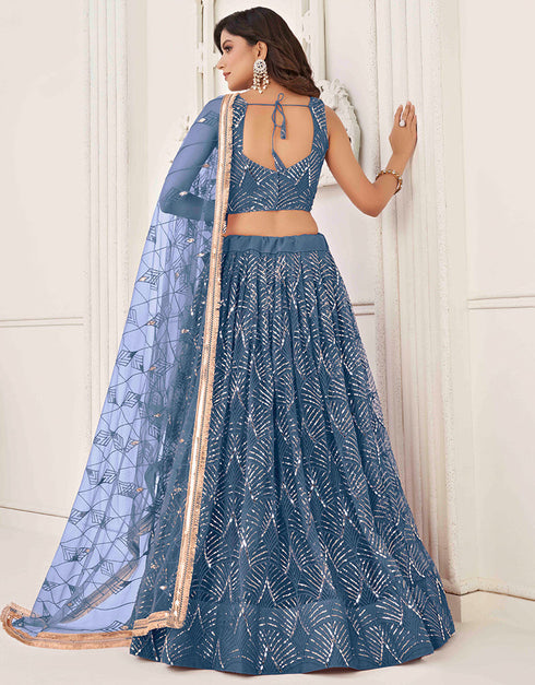glamorous blue butterfly net traditional wear women's heavy lehenga choli collection with blue butterfly net rt8887-184660 Back View