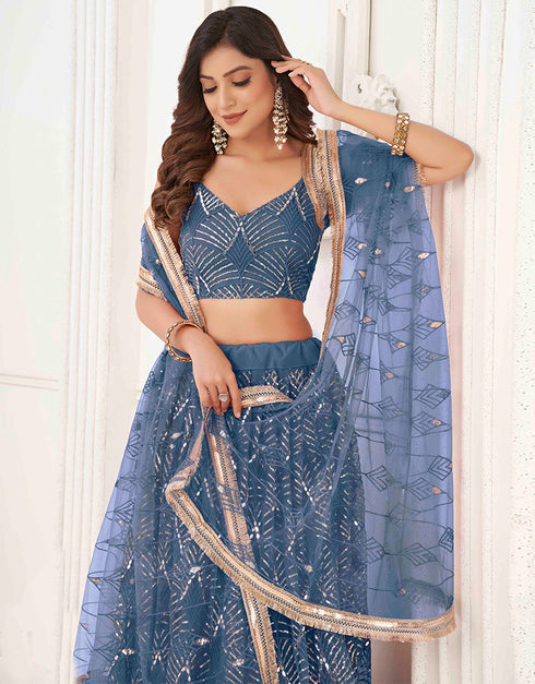 glamorous blue butterfly net traditional wear women's heavy lehenga choli collection with blue butterfly net rt8887-184660 Front View