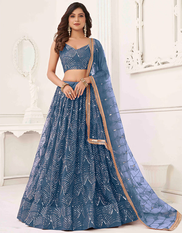 glamorous blue butterfly net traditional wear women's heavy lehenga choli collection with blue butterfly net rt8887-184660 Front View
