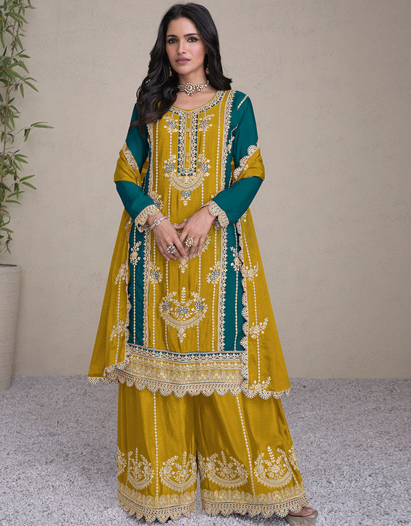 classy multi real chinon designer party wear readymade heavy salwar suit collection with yellow real chinon rt8888-184662 Front View
