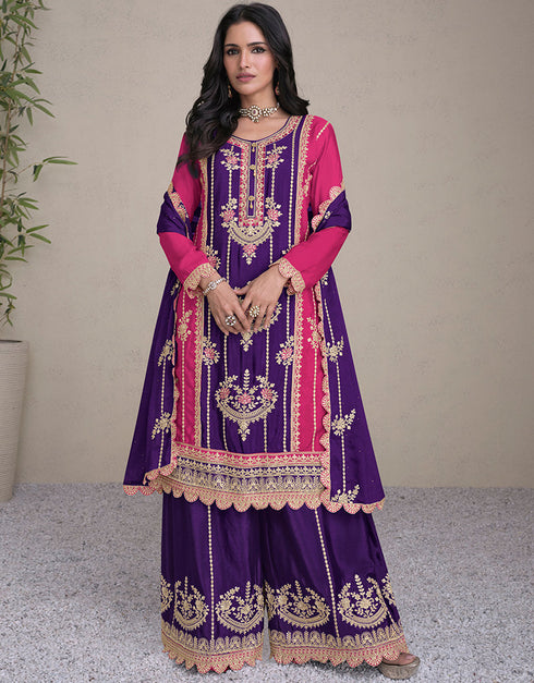 stylish multi real chinon designer party wear readymade heavy salwar suit collection with purple real chinon rt8888-184663 Front View