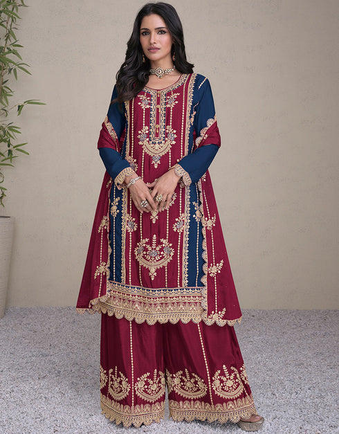 chic multi real chinon designer party wear readymade heavy salwar suit collection with maroon real chinon rt8888-184664 Front View