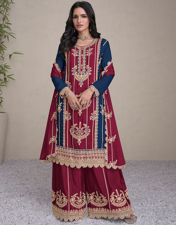 chic multi real chinon designer party wear readymade heavy salwar suit collection with maroon real chinon rt8888-184664 Front View
